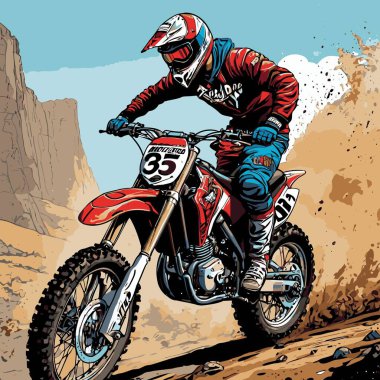 Eşsiz ve havalı bir motokros vektör çizimi dinamik bir off-road motosikleti ve saldırgan bir pozda yakalanmış bir sürücü.