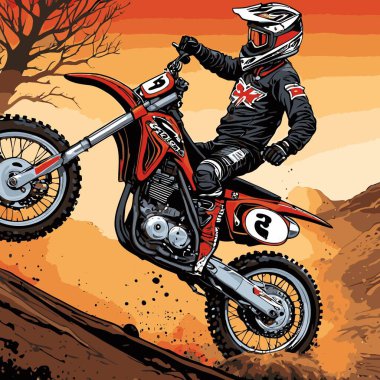 Eşsiz ve havalı bir motokros vektör çizimi dinamik bir off-road motosikleti ve saldırgan bir pozda yakalanmış bir sürücü.