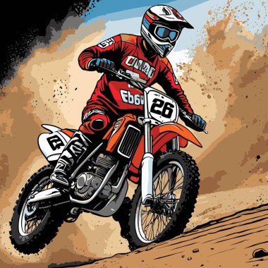 Eşsiz ve havalı bir motokros vektör çizimi dinamik bir off-road motosikleti ve saldırgan bir pozda yakalanmış bir sürücü.