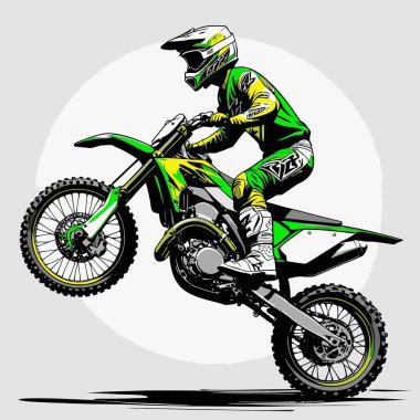 Eşsiz ve havalı bir motokros vektör çizimi dinamik bir off-road motosikleti ve saldırgan bir pozda yakalanmış bir sürücü.