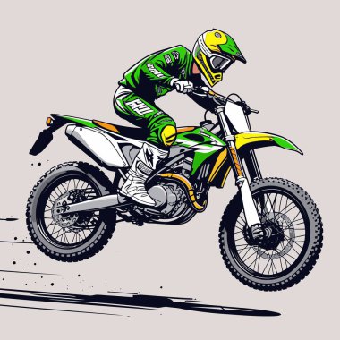 Eşsiz ve havalı bir motokros vektör çizimi dinamik bir off-road motosikleti ve saldırgan bir pozda yakalanmış bir sürücü.