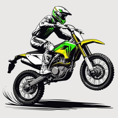 Eşsiz ve havalı bir motokros vektör çizimi dinamik bir off-road motosikleti ve saldırgan bir pozda yakalanmış bir sürücü.