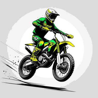 Eşsiz ve havalı bir motokros vektör çizimi dinamik bir off-road motosikleti ve saldırgan bir pozda yakalanmış bir sürücü.