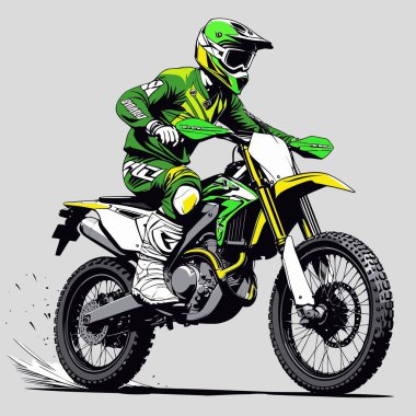 Eşsiz ve havalı bir motokros vektör çizimi dinamik bir off-road motosikleti ve saldırgan bir pozda yakalanmış bir sürücü.