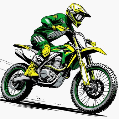 Eşsiz ve havalı bir motokros vektör çizimi dinamik bir off-road motosikleti ve saldırgan bir pozda yakalanmış bir sürücü.