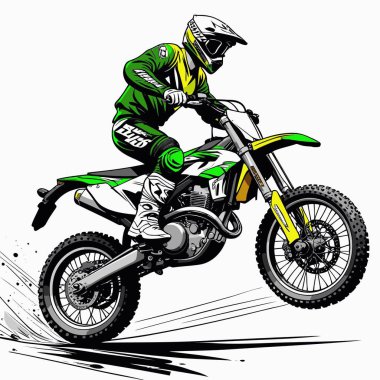 Eşsiz ve havalı bir motokros vektör çizimi dinamik bir off-road motosikleti ve saldırgan bir pozda yakalanmış bir sürücü.