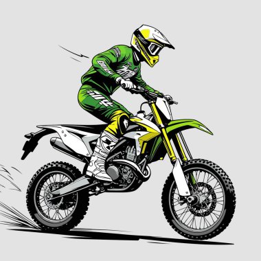 Eşsiz ve havalı bir motokros vektör çizimi dinamik bir off-road motosikleti ve saldırgan bir pozda yakalanmış bir sürücü.