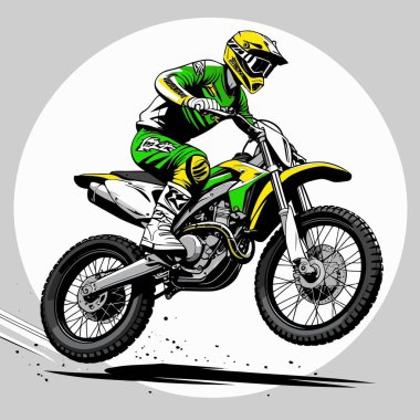 Eşsiz ve havalı bir motokros vektör çizimi dinamik bir off-road motosikleti ve saldırgan bir pozda yakalanmış bir sürücü.