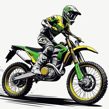 Eşsiz ve havalı bir motokros vektör çizimi dinamik bir off-road motosikleti ve saldırgan bir pozda yakalanmış bir sürücü.