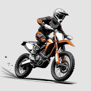 Eşsiz ve havalı bir motokros vektör çizimi dinamik bir off-road motosikleti ve saldırgan bir pozda yakalanmış bir sürücü.