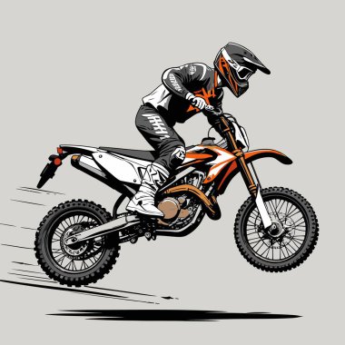 Eşsiz ve havalı bir motokros vektör çizimi dinamik bir off-road motosikleti ve saldırgan bir pozda yakalanmış bir sürücü.