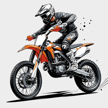 Eşsiz ve havalı bir motokros vektör çizimi dinamik bir off-road motosikleti ve saldırgan bir pozda yakalanmış bir sürücü.