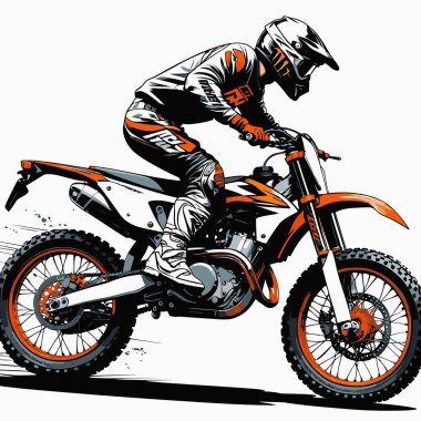 Eşsiz ve havalı bir motokros vektör çizimi dinamik bir off-road motosikleti ve saldırgan bir pozda yakalanmış bir sürücü.