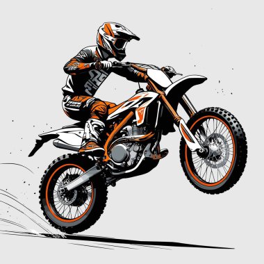 Eşsiz ve havalı bir motokros vektör çizimi dinamik bir off-road motosikleti ve saldırgan bir pozda yakalanmış bir sürücü.