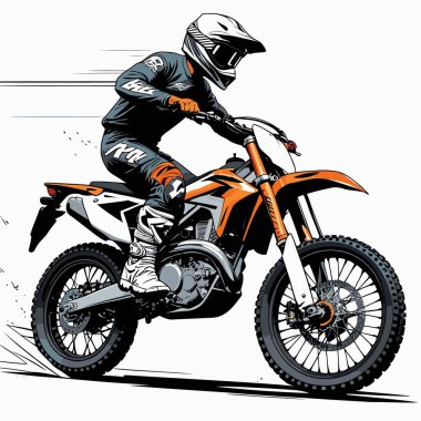 Eşsiz ve havalı bir motokros vektör çizimi dinamik bir off-road motosikleti ve saldırgan bir pozda yakalanmış bir sürücü.