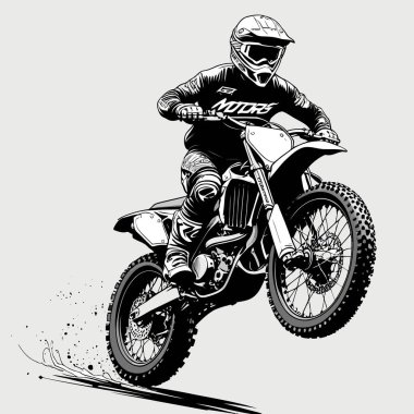 Eşsiz ve havalı bir motokros vektör çizimi dinamik bir off-road motosikleti ve saldırgan bir pozda yakalanmış bir sürücü.