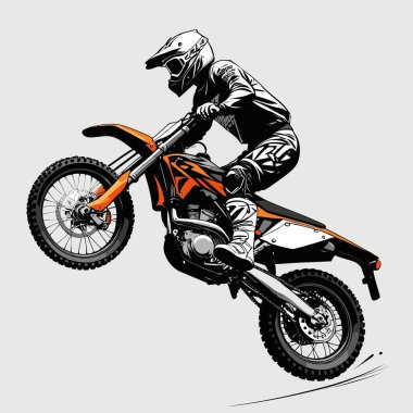 Eşsiz ve havalı bir motokros vektör çizimi dinamik bir off-road motosikleti ve saldırgan bir pozda yakalanmış bir sürücü.