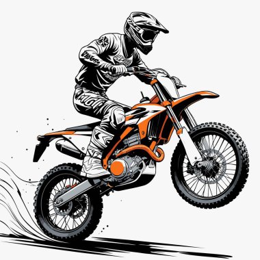 Eşsiz ve havalı bir motokros vektör çizimi dinamik bir off-road motosikleti ve saldırgan bir pozda yakalanmış bir sürücü.