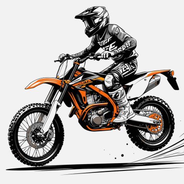 Eşsiz ve havalı bir motokros vektör çizimi dinamik bir off-road motosikleti ve saldırgan bir pozda yakalanmış bir sürücü.