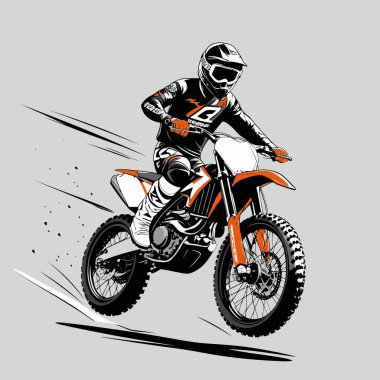 Eşsiz ve havalı bir motokros vektör çizimi dinamik bir off-road motosikleti ve saldırgan bir pozda yakalanmış bir sürücü.