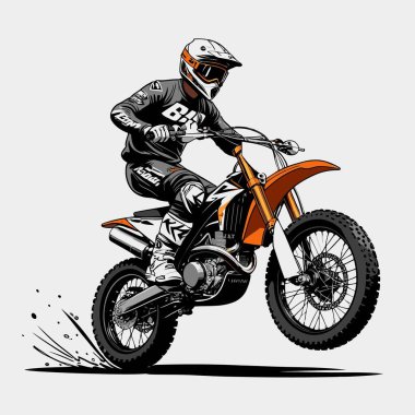 Eşsiz ve havalı bir motokros vektör çizimi dinamik bir off-road motosikleti ve saldırgan bir pozda yakalanmış bir sürücü.
