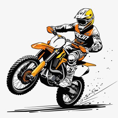 Eşsiz ve havalı bir motokros vektör çizimi dinamik bir off-road motosikleti ve saldırgan bir pozda yakalanmış bir sürücü.