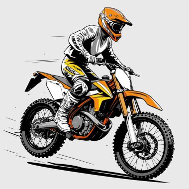 Eşsiz ve havalı bir motokros vektör çizimi dinamik bir off-road motosikleti ve saldırgan bir pozda yakalanmış bir sürücü.