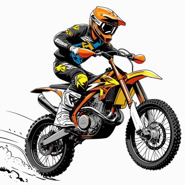 Eşsiz ve havalı bir motokros vektör çizimi dinamik bir off-road motosikleti ve saldırgan bir pozda yakalanmış bir sürücü.