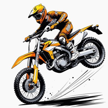 Eşsiz ve havalı bir motokros vektör çizimi dinamik bir off-road motosikleti ve saldırgan bir pozda yakalanmış bir sürücü.