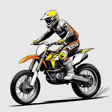 Eşsiz ve havalı bir motokros vektör çizimi dinamik bir off-road motosikleti ve saldırgan bir pozda yakalanmış bir sürücü.