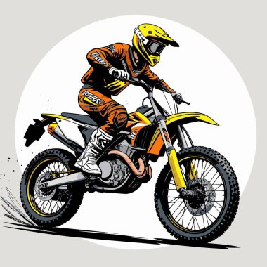 Eşsiz ve havalı bir motokros vektör çizimi dinamik bir off-road motosikleti ve saldırgan bir pozda yakalanmış bir sürücü.