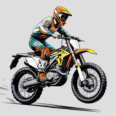 Eşsiz ve havalı bir motokros vektör çizimi dinamik bir off-road motosikleti ve saldırgan bir pozda yakalanmış bir sürücü.