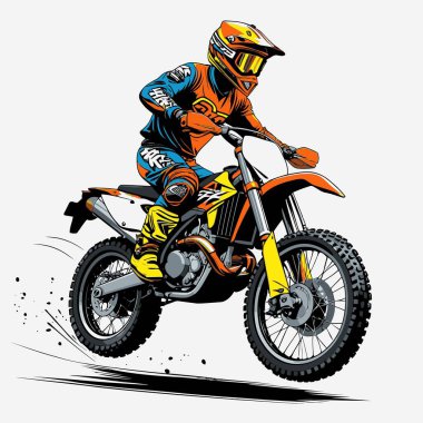 Eşsiz ve havalı bir motokros vektör çizimi dinamik bir off-road motosikleti ve saldırgan bir pozda yakalanmış bir sürücü.