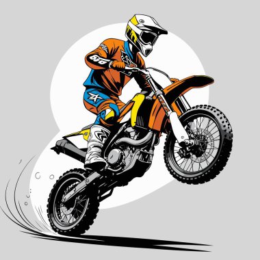 Eşsiz ve havalı bir motokros vektör çizimi dinamik bir off-road motosikleti ve saldırgan bir pozda yakalanmış bir sürücü.