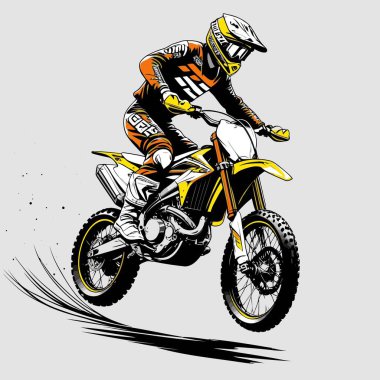 Eşsiz ve havalı bir motokros vektör çizimi dinamik bir off-road motosikleti ve saldırgan bir pozda yakalanmış bir sürücü.