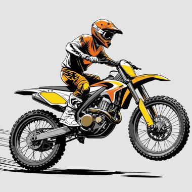 Eşsiz ve havalı bir motokros vektör çizimi dinamik bir off-road motosikleti ve saldırgan bir pozda yakalanmış bir sürücü.