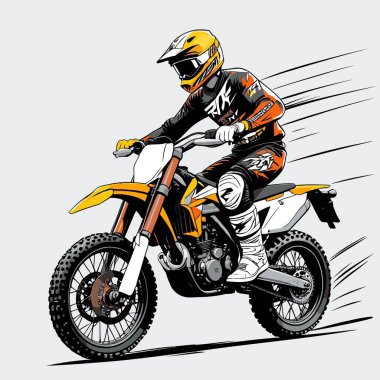 Eşsiz ve havalı bir motokros vektör çizimi dinamik bir off-road motosikleti ve saldırgan bir pozda yakalanmış bir sürücü.