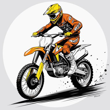 Eşsiz ve havalı bir motokros vektör çizimi dinamik bir off-road motosikleti ve saldırgan bir pozda yakalanmış bir sürücü.