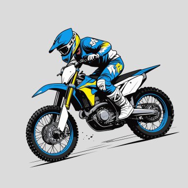 Eşsiz ve havalı bir motokros vektör çizimi dinamik bir off-road motosikleti ve saldırgan bir pozda yakalanmış bir sürücü.