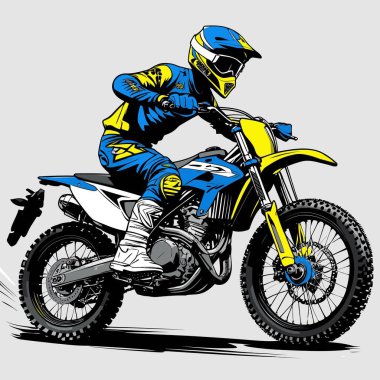 Eşsiz ve havalı bir motokros vektör çizimi dinamik bir off-road motosikleti ve saldırgan bir pozda yakalanmış bir sürücü.