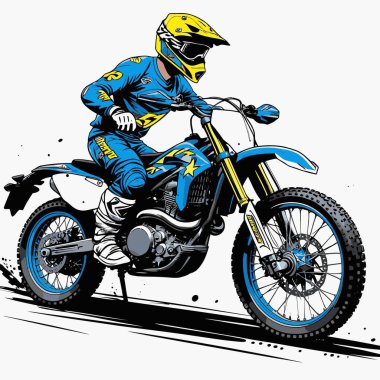 Eşsiz ve havalı bir motokros vektör çizimi dinamik bir off-road motosikleti ve saldırgan bir pozda yakalanmış bir sürücü.