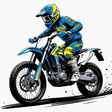 Eşsiz ve havalı bir motokros vektör çizimi dinamik bir off-road motosikleti ve saldırgan bir pozda yakalanmış bir sürücü.