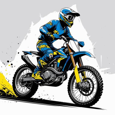 Eşsiz ve havalı bir motokros vektör çizimi dinamik bir off-road motosikleti ve saldırgan bir pozda yakalanmış bir sürücü.