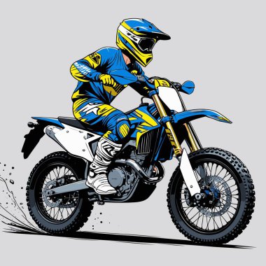 Eşsiz ve havalı bir motokros vektör çizimi dinamik bir off-road motosikleti ve saldırgan bir pozda yakalanmış bir sürücü.