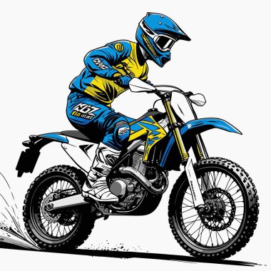 Eşsiz ve havalı bir motokros vektör çizimi dinamik bir off-road motosikleti ve saldırgan bir pozda yakalanmış bir sürücü.