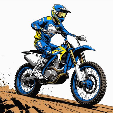 Eşsiz ve havalı bir motokros vektör çizimi dinamik bir off-road motosikleti ve saldırgan bir pozda yakalanmış bir sürücü.