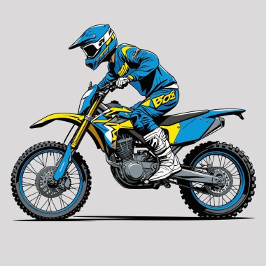 Eşsiz ve havalı bir motokros vektör çizimi dinamik bir off-road motosikleti ve saldırgan bir pozda yakalanmış bir sürücü.