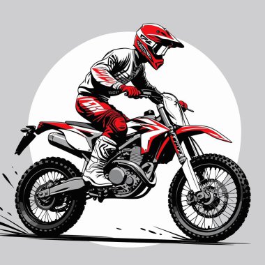 Eşsiz ve havalı bir motokros vektör çizimi dinamik bir off-road motosikleti ve saldırgan bir pozda yakalanmış bir sürücü.