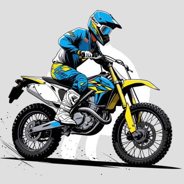 Eşsiz ve havalı bir motokros vektör çizimi dinamik bir off-road motosikleti ve saldırgan bir pozda yakalanmış bir sürücü.