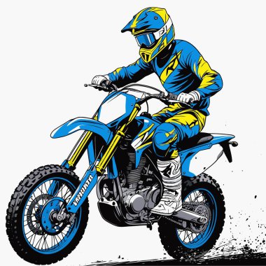 Eşsiz ve havalı bir motokros vektör çizimi dinamik bir off-road motosikleti ve saldırgan bir pozda yakalanmış bir sürücü.